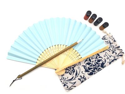 Chinese Hand Fan to paint - Adult - Chinese calligraphy - DIY - Sky blue
