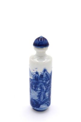 Chinese Porcelain Snuff Bottle - hand made painting - White and Blue - Landscape 7