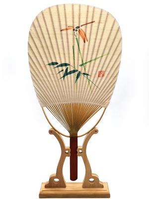 Japanese Hand Fan - Uchiwa - Wood and Paper - Dragonfly on bamboo