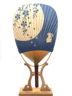 Japanese Hand Fan - Uchiwa - Wood and Paper - White and blue - Rabbit