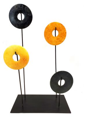 4 Chinese Bi Disks Set in Jade - Orange and black