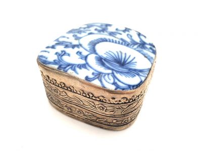 Asian Box Metal and Porcelain White and Blue 2