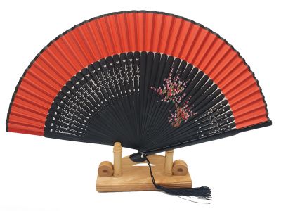 Asian Hand fan - Hand Painted - Cherry blossoms - Black and Red
