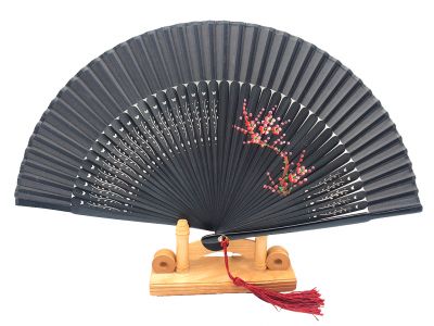 Asian Hand fan - Hand Painted - Cherry blossoms - Black