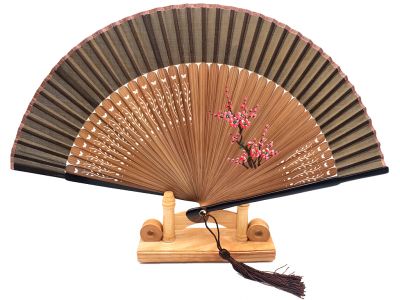 Asian Hand fan - Hand Painted - Cherry blossoms - Brown