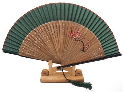 Asian Hand fan - Hand Painted - Cherry blossoms - Green