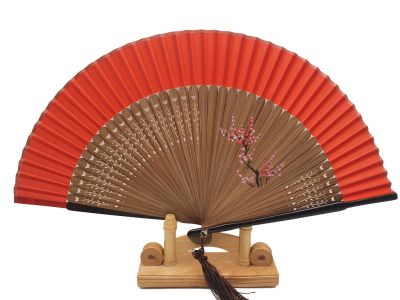 Asian Hand fan - Hand Painted - Cherry blossoms - Red and black