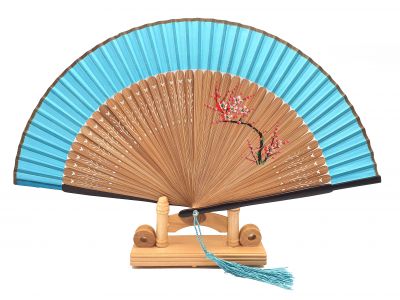 Asian Hand fan - Hand Painted - Cherry blossoms - Sky blue