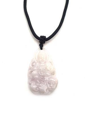 Buddhist pendant - Genuine Jade A - Guan Yin on FO Dog - White Jade