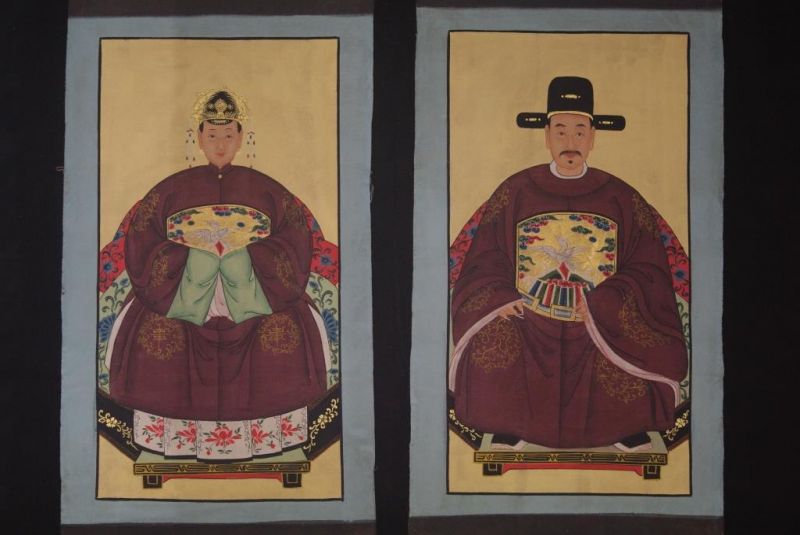 Chinese ancestors couple Painting from China Dark Red 1