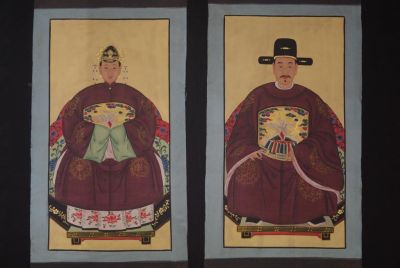 Chinese ancestors couple Painting from China Dark Red