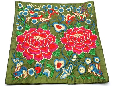 Chinese Embroidery - Square Ancestor - Emblem - Green - Peony