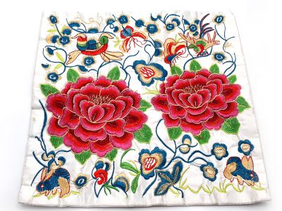 Chinese Embroidery - Square Ancestor - Emblem - White - Peony