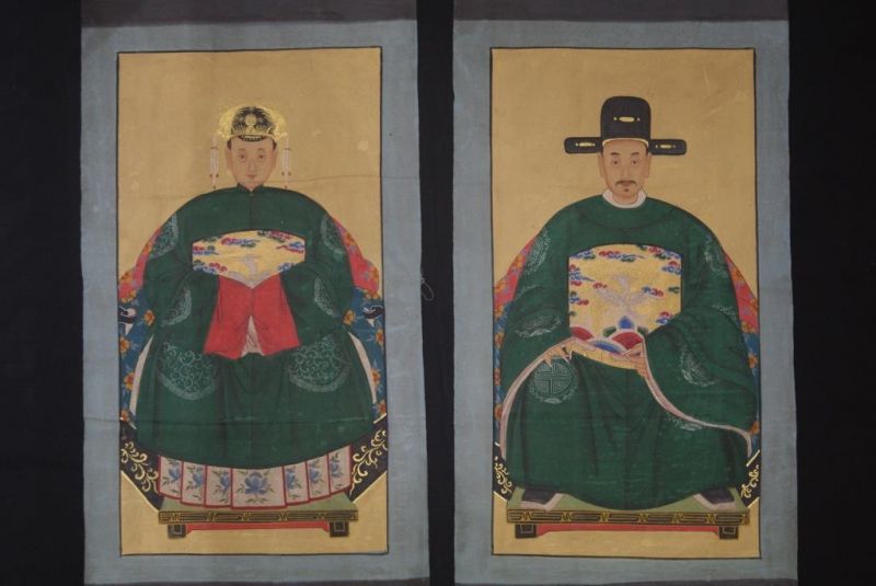 Chinese Ming ancestors couple Painting from China Green