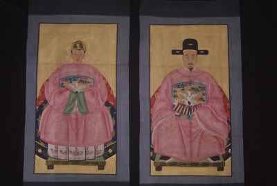 Chinese Ming ancestors couple Painting from China Pink