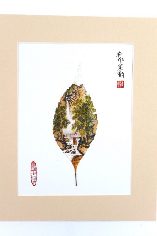 Chinese painting on tree leaf - Bridge on the river 1