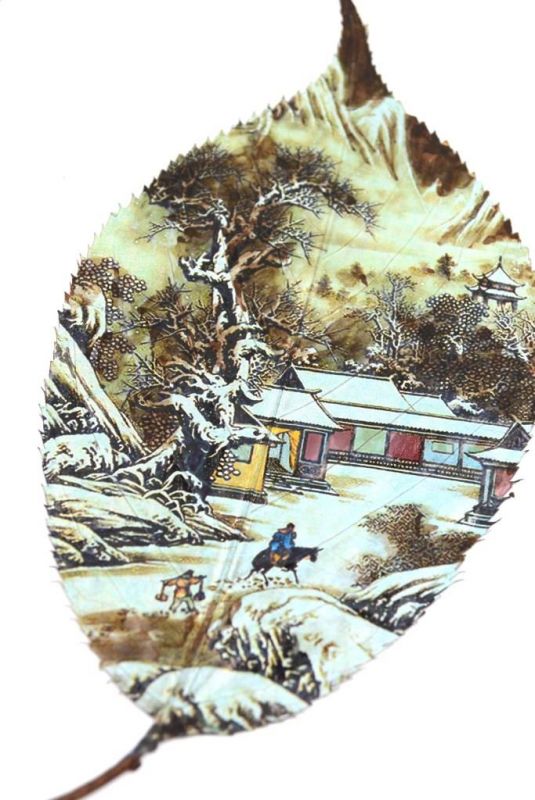 Chinese painting on tree leaf - Chinese landscape 3