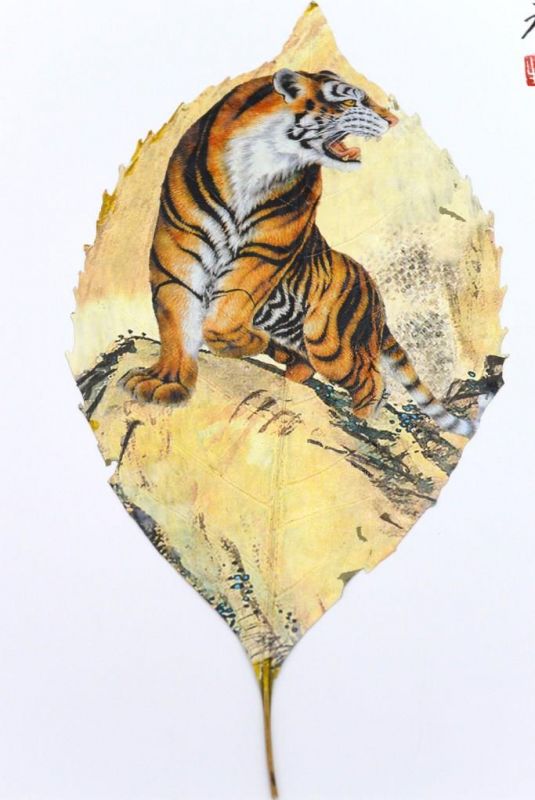 Chinese painting on tree leaf - Tiger 2