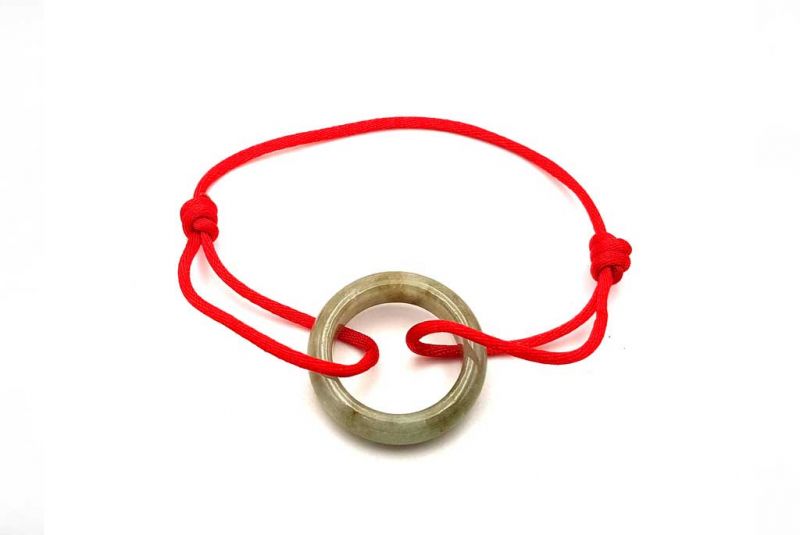Chinese Pi Bracelet in real Jade - Dinh Van Style Green Circle / Red Cord