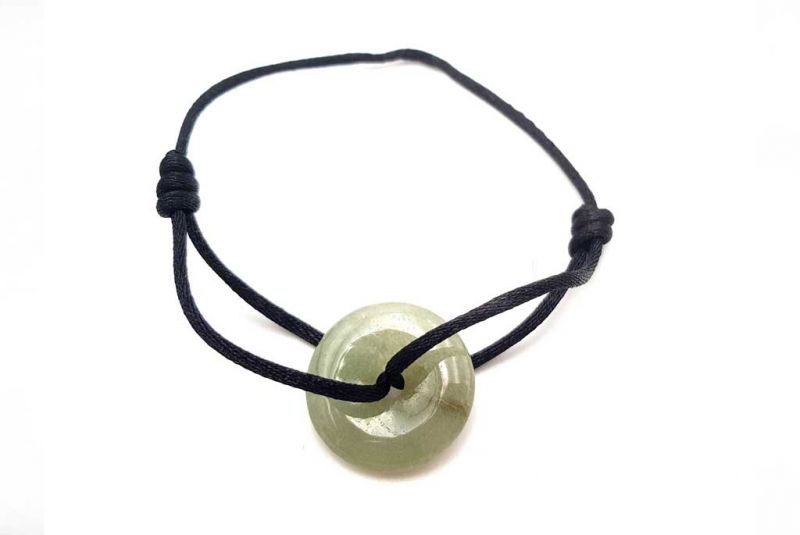 Chinese Pi Bracelet in real Jade - Dinh Van Style Green Disk / Black Cord