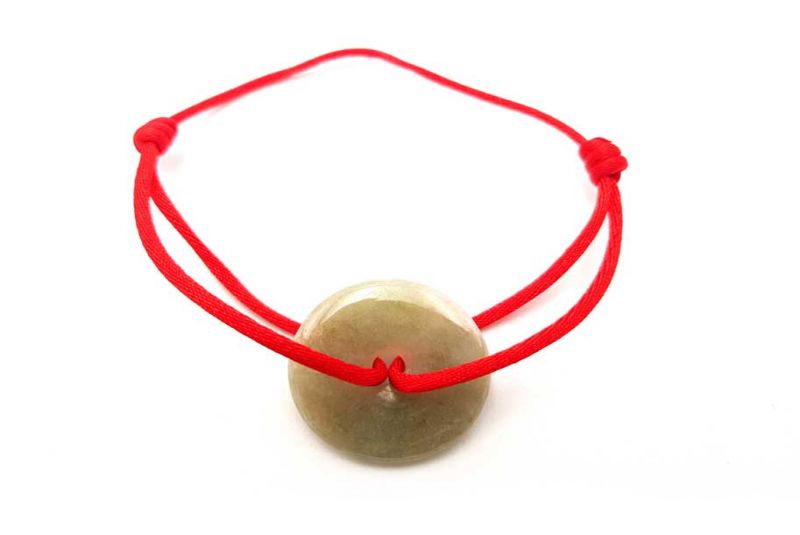 Chinese Pi Bracelet in real Jade - Dinh Van Style Green Disk / Red Cord