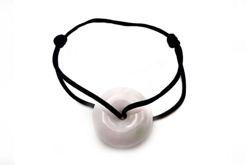 Chinese Pi Bracelet in real Jade - Dinh Van Style White Disk / Black Cord