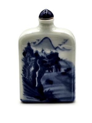 Chinese Porcelain Snuff Bottle - hand made painting - White and Blue - Landscape 2