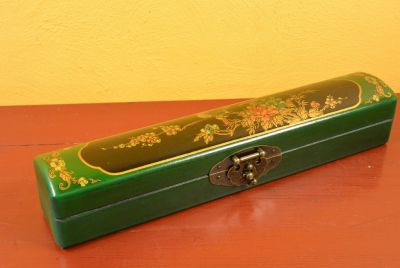Chinese small long wooden box Green and Black Birds