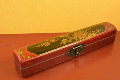 Chinese small long wooden box Red and Black Birds