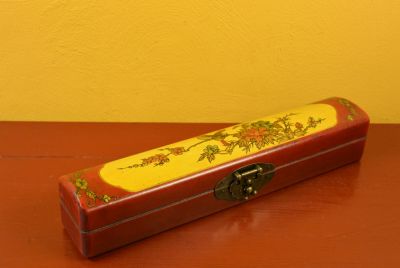 Chinese small long wooden box Red and Yellow Birds