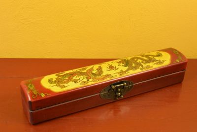 Chinese small long wooden box Red and Yellow Dragon