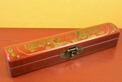 Chinese small long wooden box Red Dragon and Phoenix