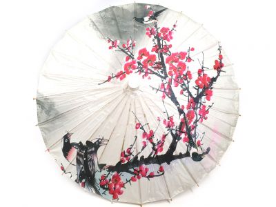 Chinese Wood and Paper Parasol - Birds on cherry tree