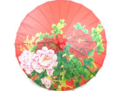 Chinese Wood and Paper Parasol - Flowers - Red
