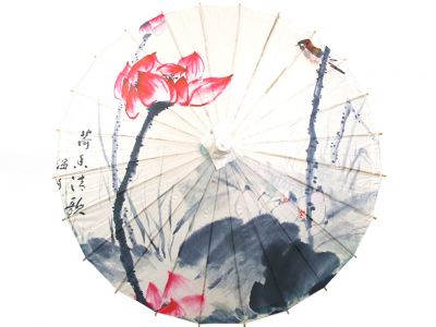 Chinese Wood and Paper Parasol - Lotus and bird