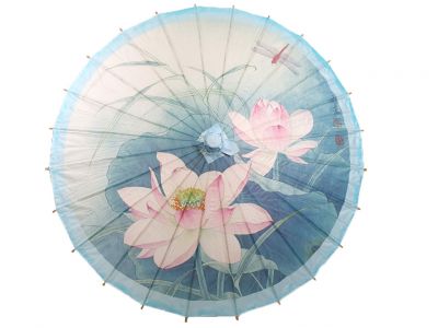 Chinese Wood and Paper Parasol - Lotus and Dragonfly
