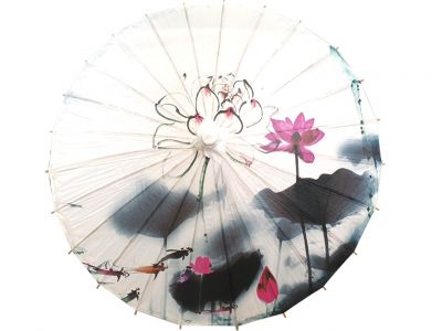 Chinese Wood and Paper Parasol - Lotus and fish