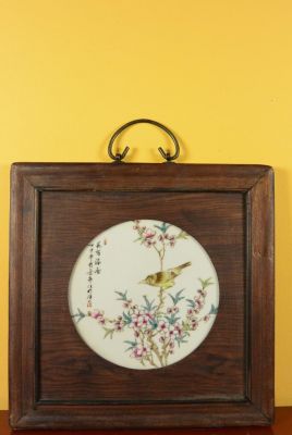 Chinese Wood and Porcelain Panel Bird on cherry tree 2