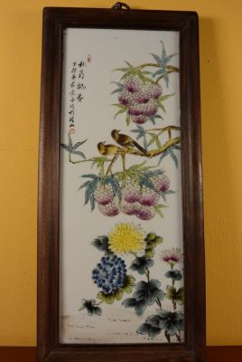Chinese Wood and Porcelain Panel Birds on tree 2
