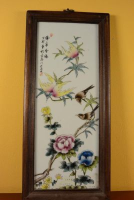 Chinese Wood and Porcelain Panel Birds on tree 5