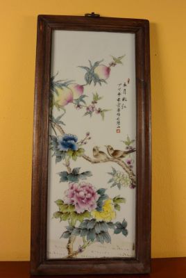 Chinese Wood and Porcelain Panel Birds on tree 6