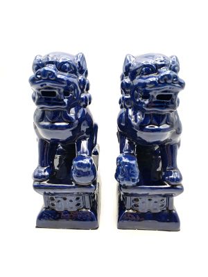 Fu Dog pair in porcelain Navy blue