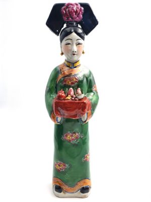 Standing Chinese Empress polychrome statue - Green - Fruit basket