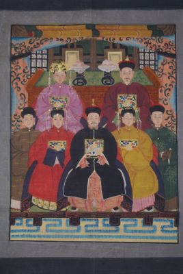 Chinese ancestors painting dignitaries family 7 people