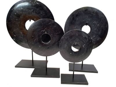 Large Chinese Bi in Jade 30cm Lot of 4 Black Bi discs - Size 30-25-20-15cm