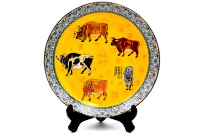 Large Chinese porcelain plate 33cm - The five buffaloes