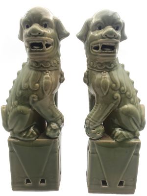 Large Fu Dog pair in porcelain - Celadon green