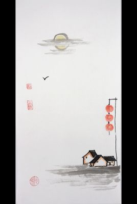 Modern Chinese painting - watercolor on rice paper - Small village