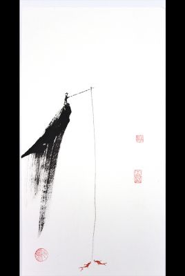 Modern Chinese painting - watercolor on rice paper - The fisherman 2
