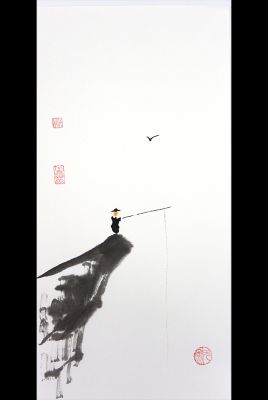 Modern Chinese painting - watercolor on rice paper - The fisherman on the cliff